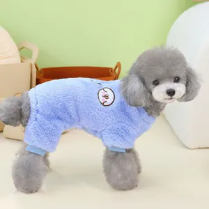 Light blue coral fleece four-legged pet jumpsuit with cartoon embroidery for small dogs