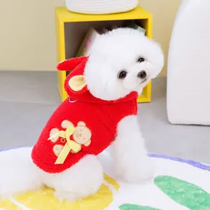 Cute red fleece pet hoodie with bear embroidery and rabbit ears for small dogs