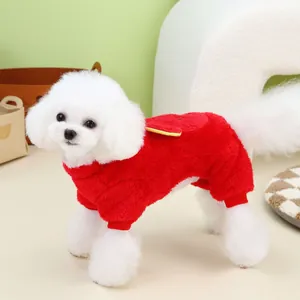 Cute red fleece pet jumpsuit with yellow decorative pendant for cats and small dogs