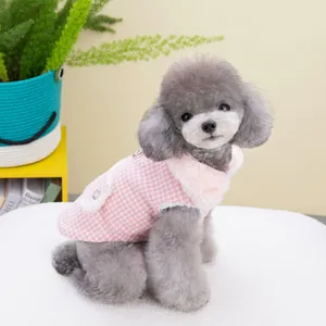 Gilet per cani pied de poule rosa con colletto in ecopelliccia e anello a D per guinzaglio