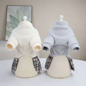 British style plaid knit pet dress for cats and dogs in cream white and light grey