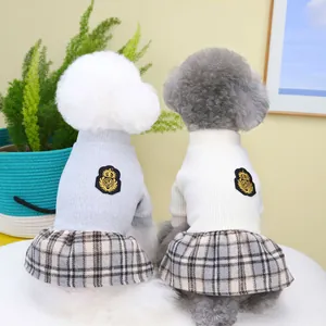 Academy plaid pet dress with knit top and gold crown embroidery for small dogs