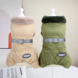 Pet Dog Cat Winter Quilted Cotton Coat With Warm Faux Fur Collar Reflective Harness D-Ring Jumpsuit For Small Medium Dogs