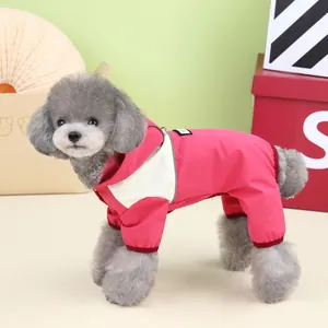 Waterproof four-legged pet raincoat in rose red and off-white for small dogs
