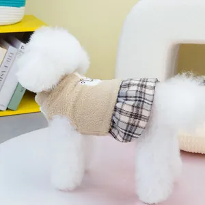 Fleece dog dress with plaid skirt and leash D-ring for warm pet winter apparel