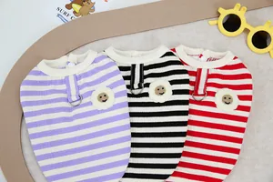 Striped Pet T-Shirt Dog Sweater With Metal D-Ring Pullover Soft Breathable Cat Clothes With Smile Flower Embroidered Patch