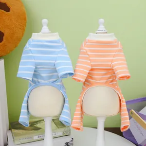 Striped pet cotton t-shirts in blue and orange for small dogs and cats on model stands