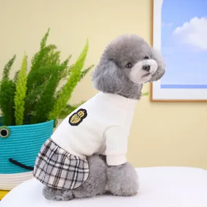 British style pet plaid dress with cream knit sweater and embroidered badge for cats and dogs