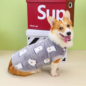 Grey fleece pet vest with white bear print worn by a Corgi dog for winter warmth