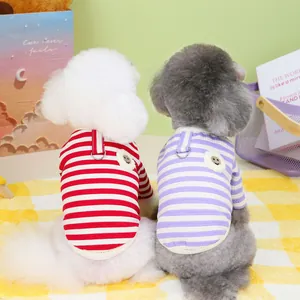 Striped pet cardigan with D-ring leash attachment and cute smile embroidery for small dogs
