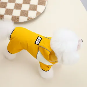 Waterproof yellow pet raincoat with reflective strips and four-leg design for cats and dogs
