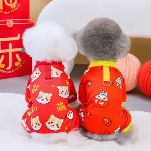 Festive red pet pajamas with cartoon prints and D-ring for small dogs and cats