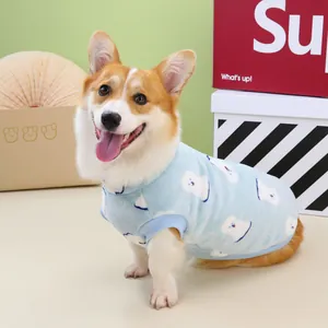 Blue fleece pet sweater with white bear print for small and medium dogs in autumn