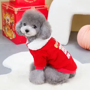 Festive red corduroy pet sweater with plush collar and rabbit print for New Year