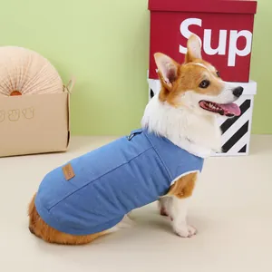 Blue denim pet jacket with warm fleece lining and D-ring harness for small dogs