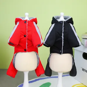 Hooded pet thermal jumpsuit with warm fleece lining in red and black colors