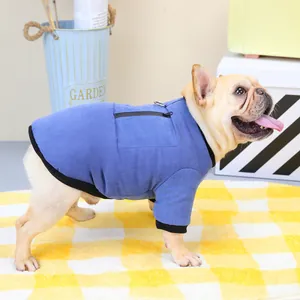 Blue pet vest with zipper pocket and D-ring harness for French Bulldog dogs