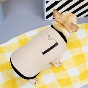 Detail of pet cotton vest featuring a functional zipper pocket and silver D-ring