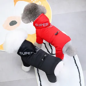 Winter hooded pet clothes in red and black colors with a metallic leash ring