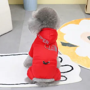 Detail of red pet thermal jumpsuit showing the hood and sporty mountain logo print