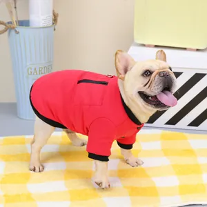 Red waterproof pet jacket with black collar for French Bulldogs and small dogs