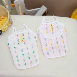 Pastoral Style Pet Dog Cat Sling Dress Polyester Floral Striped Lace Camisole Vest For Small Dogs Cats Puppy Kitten Summer Clothing
