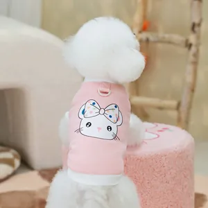Pink pet vest with white cat print and metal D-ring for leash attachment