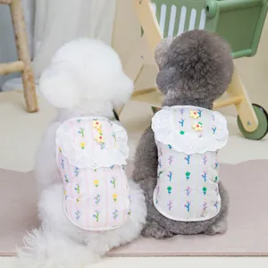 Floral pet vest with pink stripes, lace collar and 3D yellow flower button for small dogs