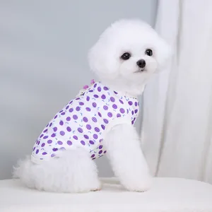 Gros plan d'un chien blanc portant un gilet pour animaux à imprimé fruit violet