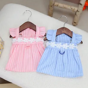 Striped Pet Dog Cat Princess Dress With Lace Flower Decoration And Harness Ring Fly Sleeve Summer Puppy Kitten Clothing