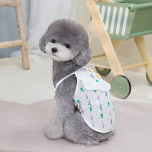 Floral pet strap dress with white lace ruffles and yellow flower for small dogs