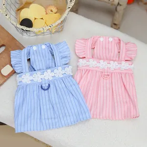 Vertical striped pet dress in blue and pink with floral lace and D-ring harness link