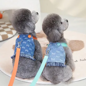 Arnés de mezclilla para mascotas con lazos y flecos para perros pequeños y gatos con correa