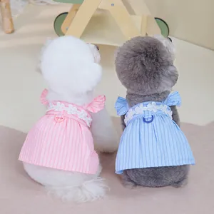 Pink and blue striped pet dresses for small dogs featuring floral lace and a D-ring