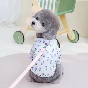 Floral pet shirt with purple tulips and matching leash set on a small toy poodle