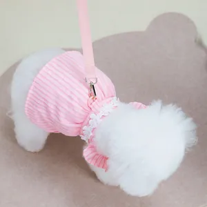 Pink striped pet dress with lace collar and matching leash set for small dogs and cats