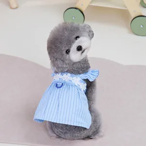 Sky blue striped pet summer dress with white lace flowers and built-in leash ring