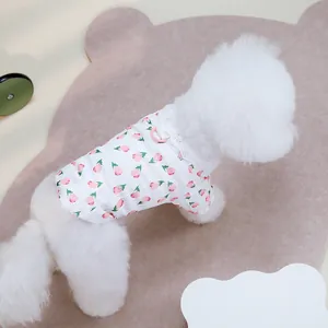 Floral pet summer shirt with lace collar and D-ring on white dog for cat or puppy