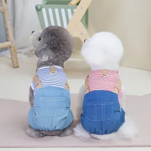 Gestreifte Haustier-Jeans-Overalls für kleine Hunde mit Rückentaschen und Schnallen