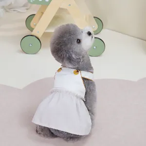 Pudel trägt ein gestreiftes Haustierkleid im koreanischen Stil mit weißen Knöpfen