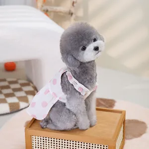 Close-up of pink polka dot pet dress with ruffle collar on a small toy poodle