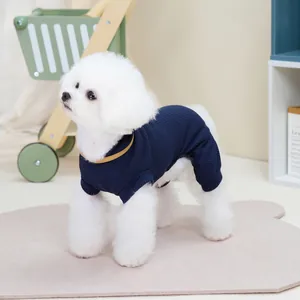 Dettaglio tutina in maglia blu scuro con bordo giallo su modello cane Bichon