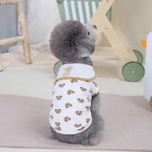 White cotton pet t-shirt with brown bear print and yellow collar detail for dogs