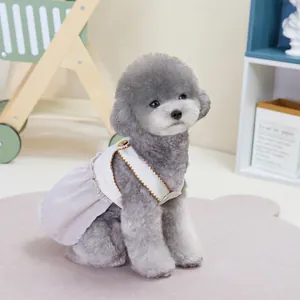 Detailansicht eines Pudels im Haustierkleid im koreanischen Stil mit Stickerei und Holzknopf