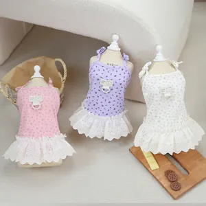 Floral Pet Dog Dress With Lace Trim Bow Ribbed Cotton Cat Summer Puppy Princess Clothes With Traction D-Ring Dress And Leash