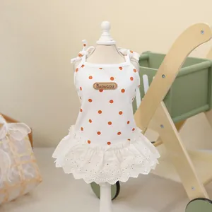 Polka dot pet dress with lace hem on a mannequin in a warm home setting