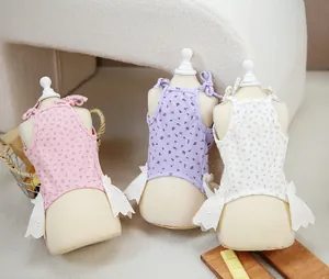 Floral pet camisole set with lace trim and bow ties in pink, purple and beige colors