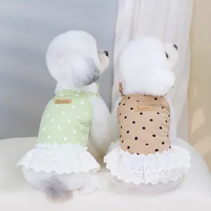 Polka dot pet dresses for dogs and cats with lace trim and ribbed cotton fabric