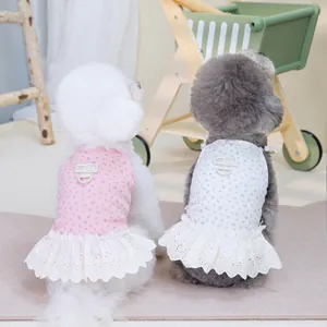 Floral pet dress with lace hem and D-ring harness for small dogs and cats