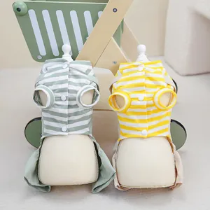 Striped pet cotton shirts in green and yellow with buttons on white model stands